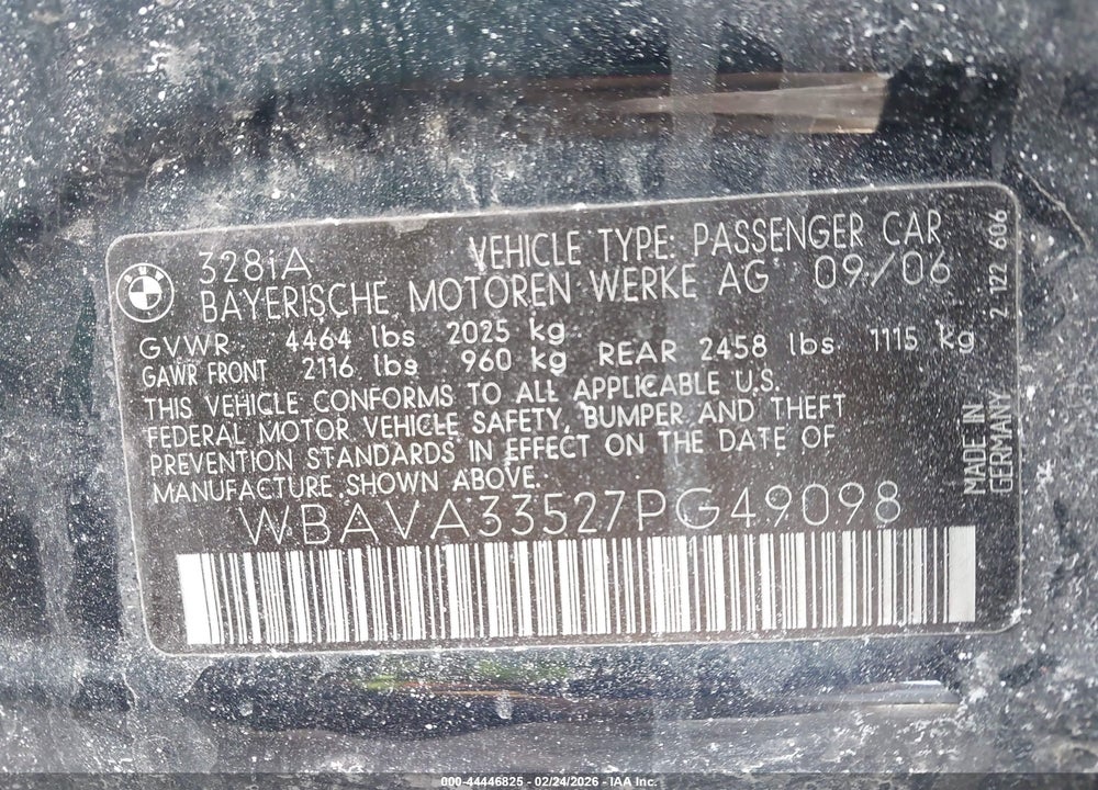 2007 BMW 328I VIN: WBAVA33527PG49098