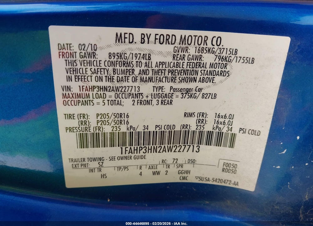 2010 FORD FOCUS SEL VIN: 1FAHP3HN2AW227713