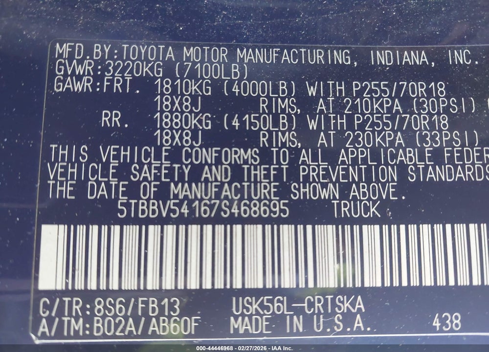 2007 TOYOTA TUNDRA SR5 5.7L V8 VIN: 5TBBV54167S468695