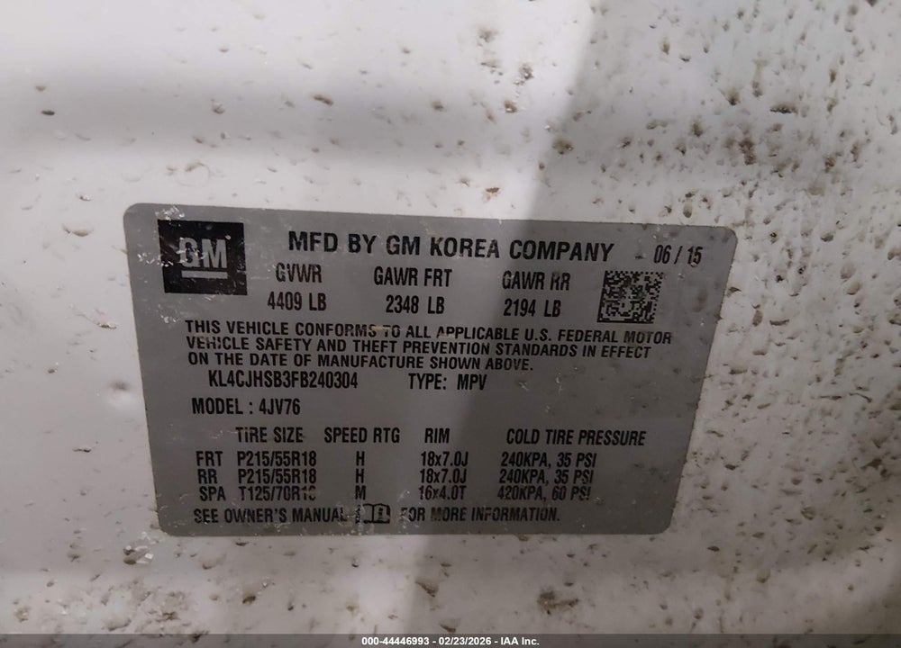 2015 BUICK ENCORE PREMIUM VIN: KL4CJHSB3FB240304