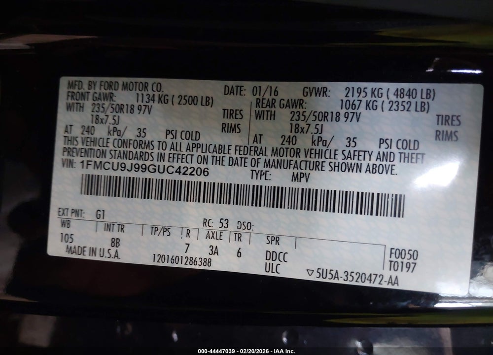 2016 FORD ESCAPE TITANIUM VIN: 1FMCU9J99GUC42206