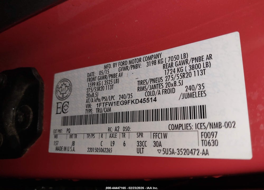 2015 FORD F-150 XLT VIN: 1FTFW1EG9FKD45514