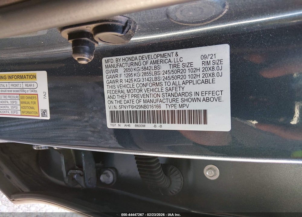 2022 HONDA PILOT AWD SPECIAL EDITION VIN: 5FNYF6H29NB016166