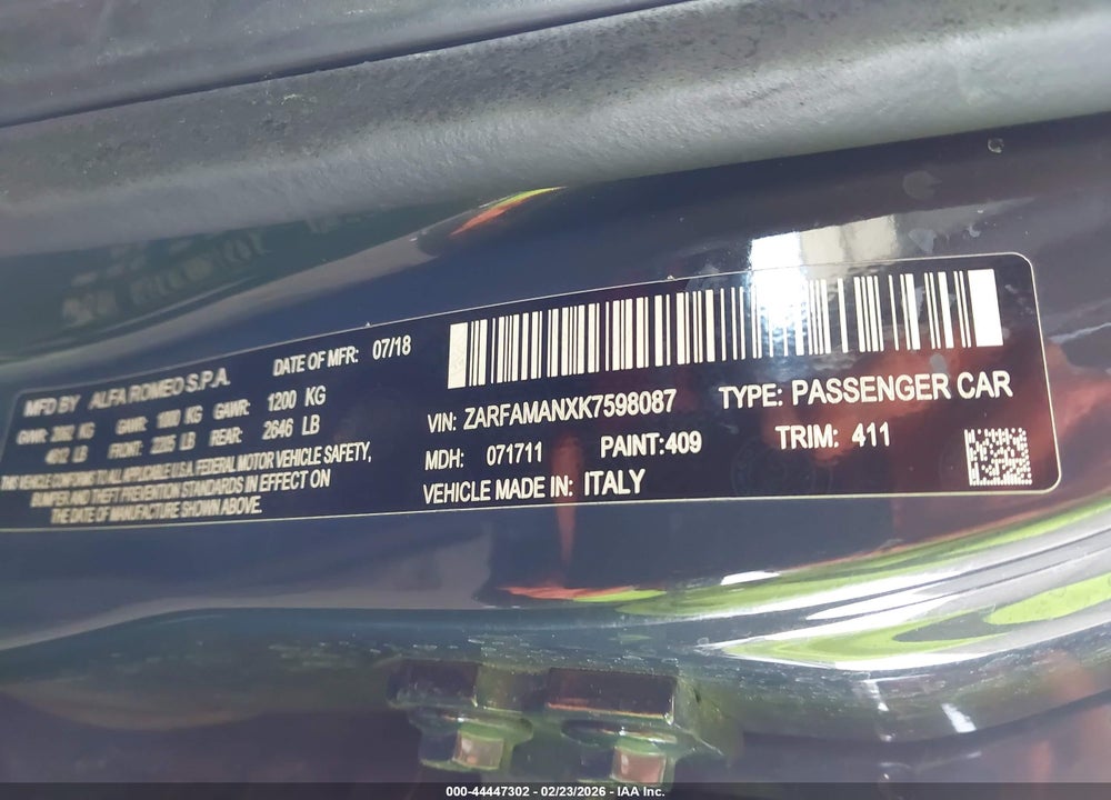 2019 ALFA ROMEO GIULIA SPORT RWD VIN: ZARFAMANXK7598087