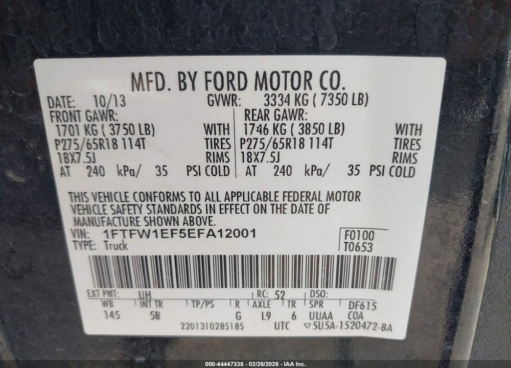 2014 FORD F-150 FX4 VIN: 1FTFW1EF5EFA12001