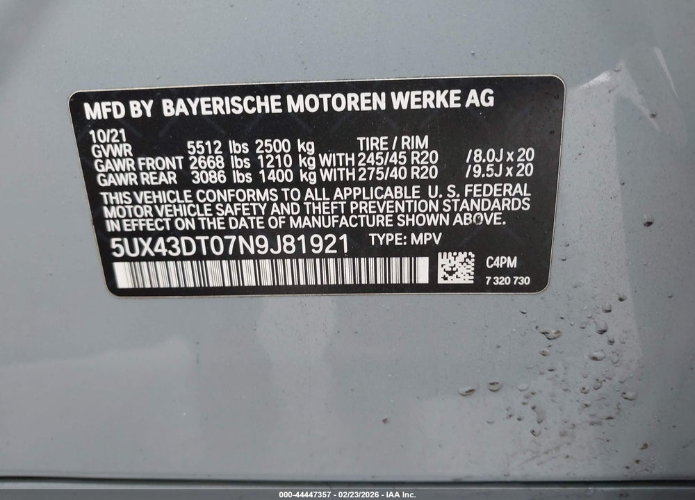 2022 BMW X4 M40I VIN: 5UX43DT07N9J81921