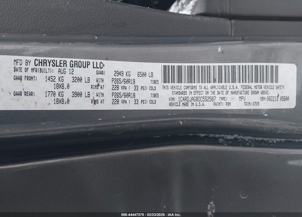 2013 DODGE DURANGO SXT VIN: 1C4RDJAG8DC552587