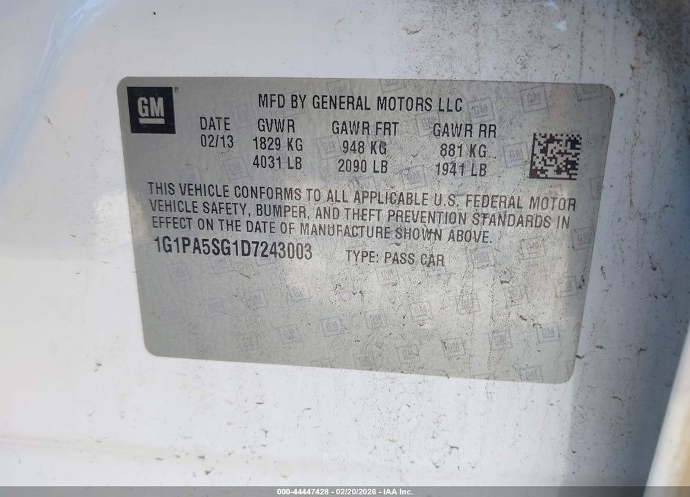 2013 CHEVROLET CRUZE LS AUTO VIN: 1G1PA5SG1D7243003
