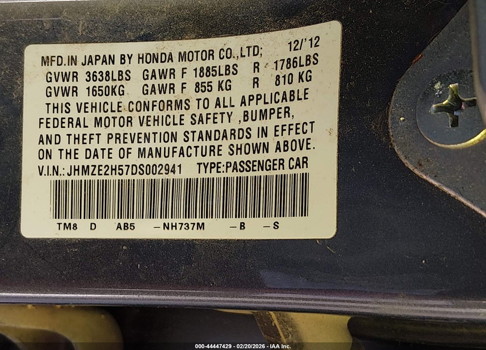 2013 HONDA INSIGHT LX VIN: JHMZE2H57DS002941