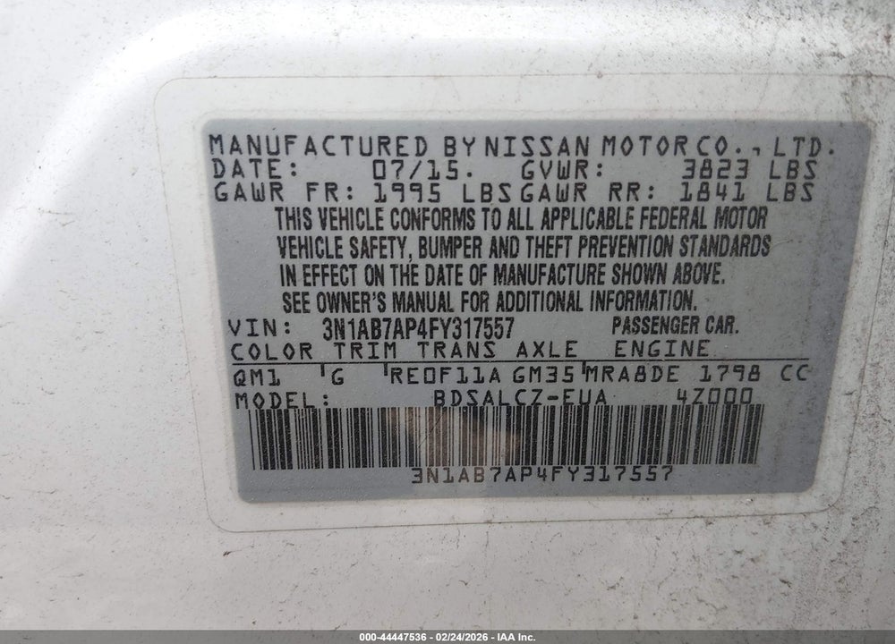 2015 NISSAN SENTRA S VIN: 3N1AB7AP4FY317557
