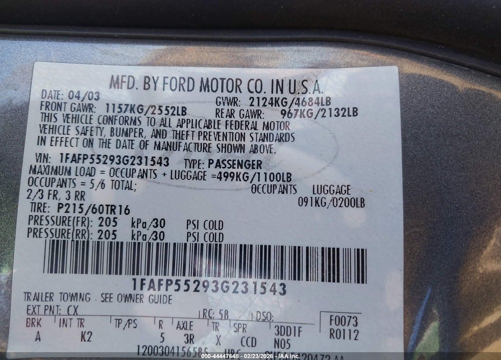 2003 FORD TAURUS SES VIN: 1FAFP55293G231543