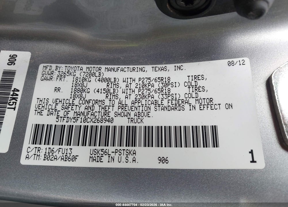 2012 TOYOTA TUNDRA GRADE 5.7L V8 VIN: 5TFDY5F10CX268940