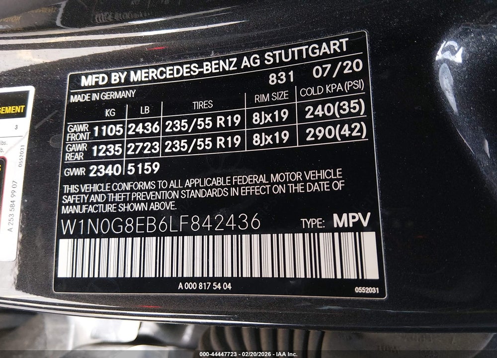 2020 MERCEDES-BENZ GLC 300 4MATIC VIN: W1N0G8EB6LF842436