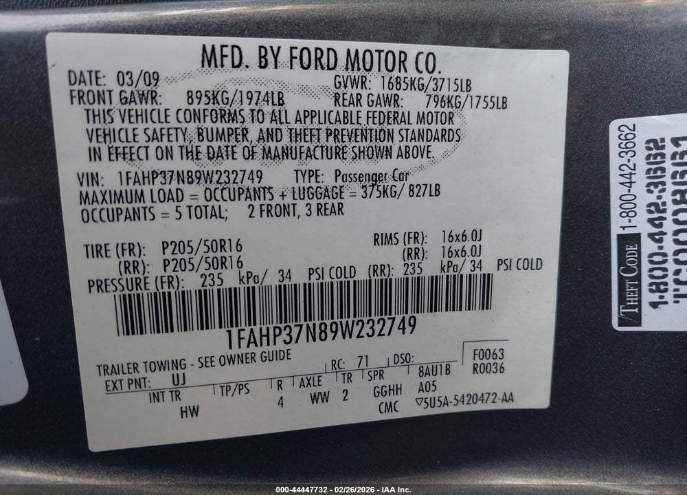 2009 FORD FOCUS SEL VIN: 1FAHP37N89W232749