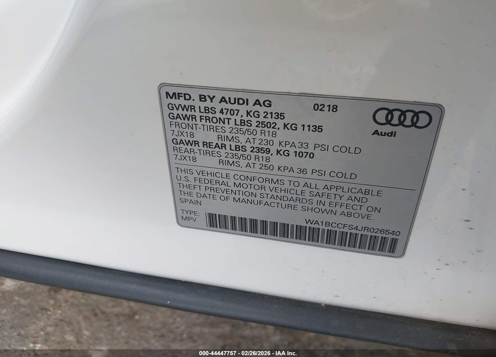 2018 AUDI Q3 2.0T PREMIUM/2.0T SPORT PREMIUM VIN: WA1BCCFS4JR026540