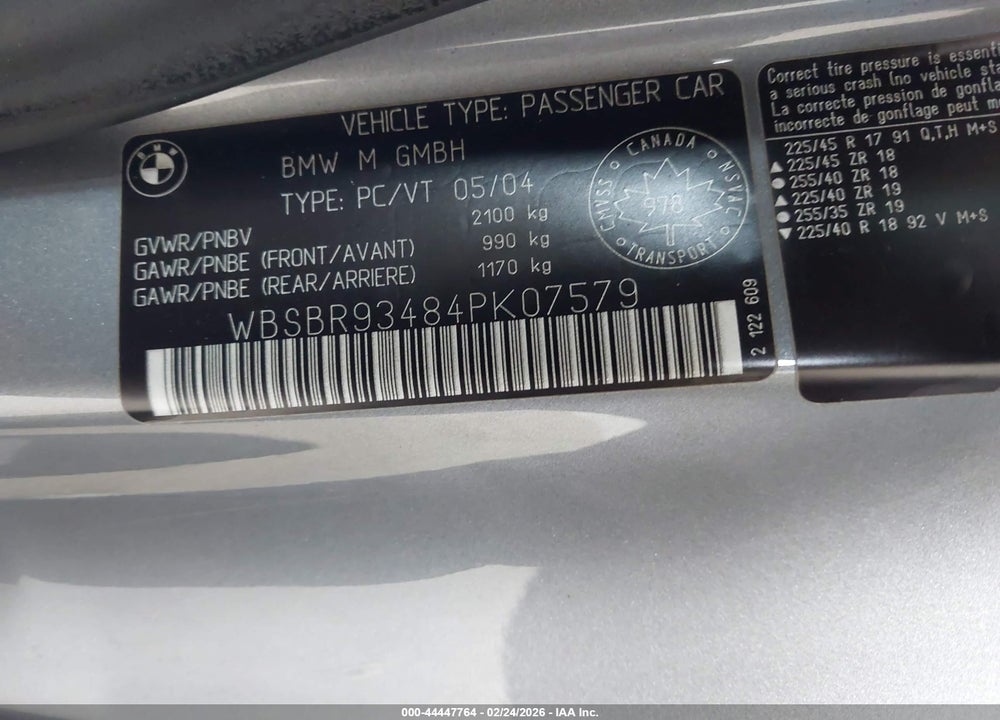2004 BMW M3 VIN: WBSBR93484PK07579