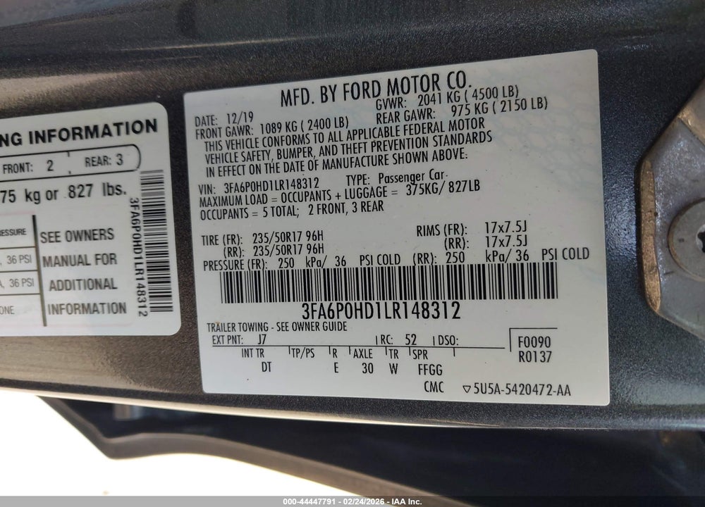 2020 FORD FUSION SE VIN: 3FA6P0HD1LR148312