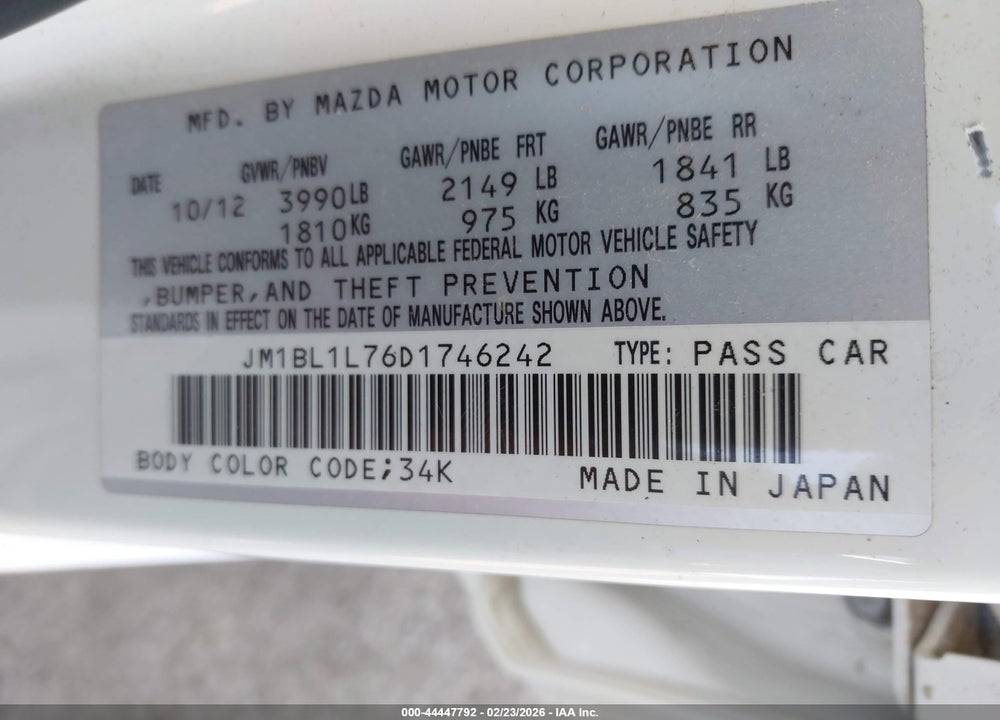 2013 MAZDA 3 I TOURING VIN: JM1BL1L76D1746242