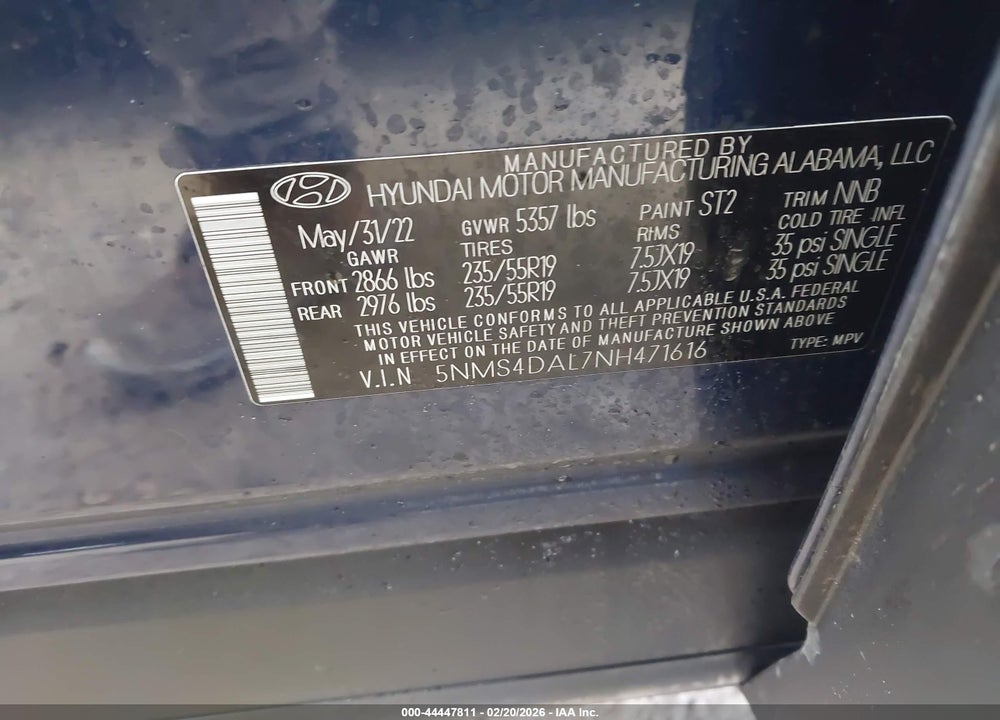 2022 HYUNDAI SANTA FE LIMITED VIN: 5NMS4DAL7NH471616