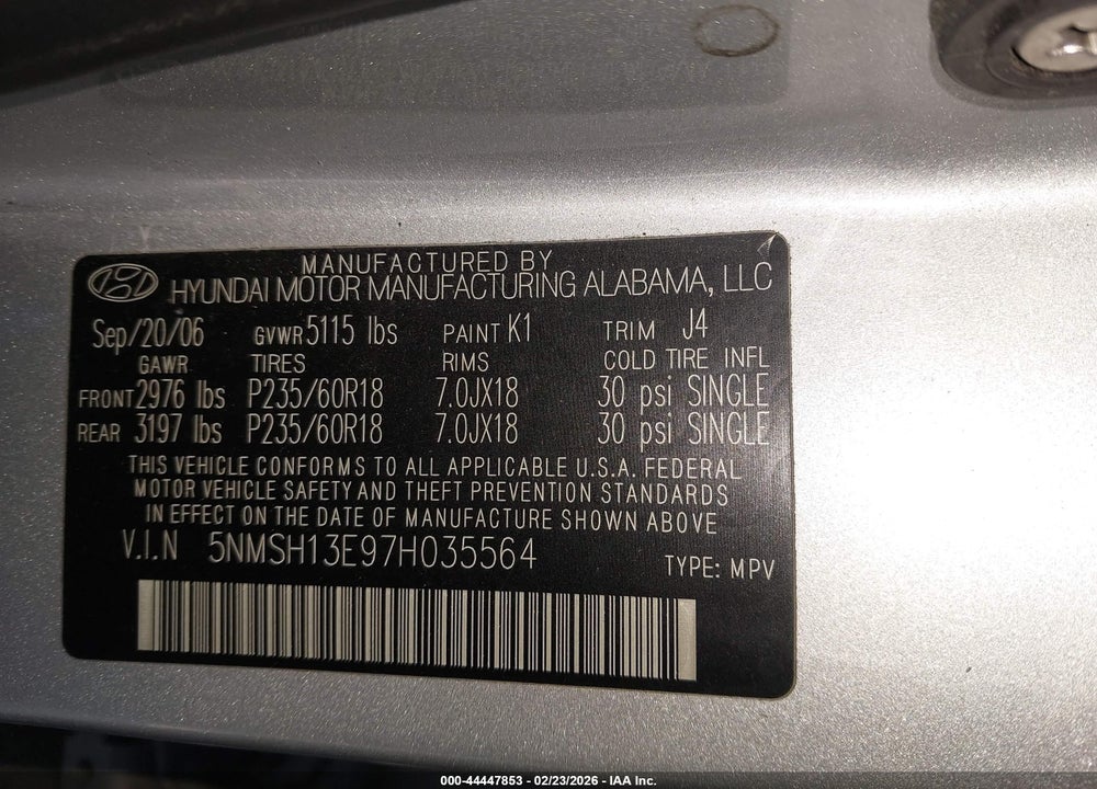 2007 HYUNDAI SANTA FE LIMITED/SE VIN: 5NMSH13E97H035564