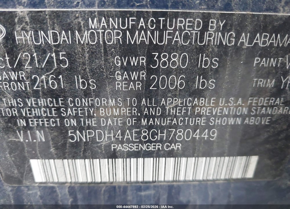 2016 HYUNDAI ELANTRA SE VIN: 5NPDH4AE8GH780449