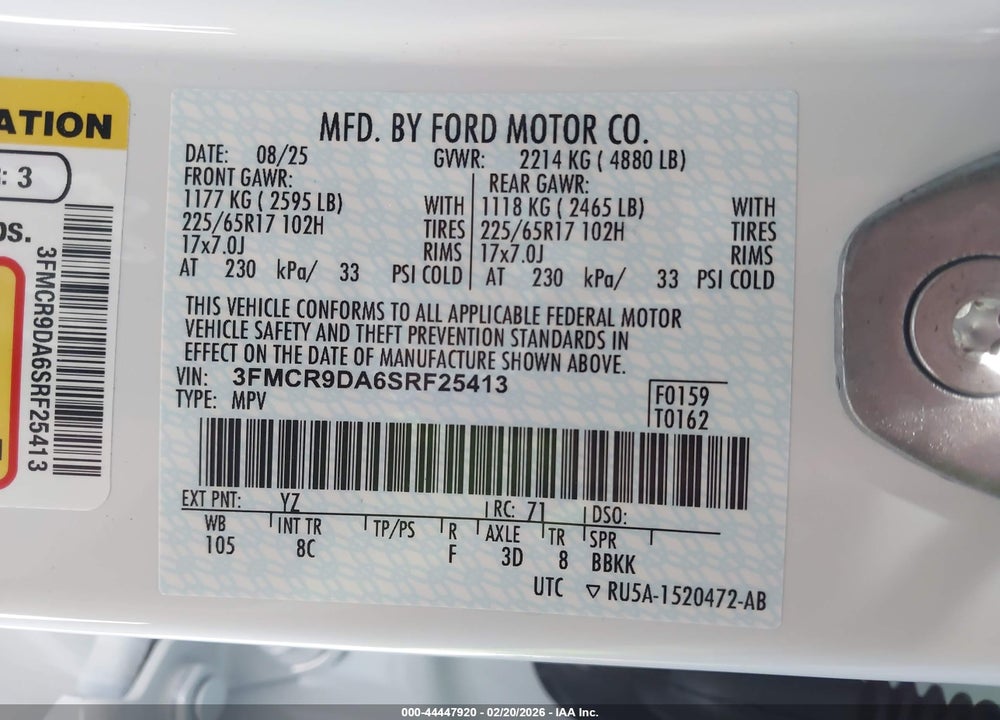 2025 FORD BRONCO SPORT BADLANDS VIN: 3FMCR9DA6SRF25413