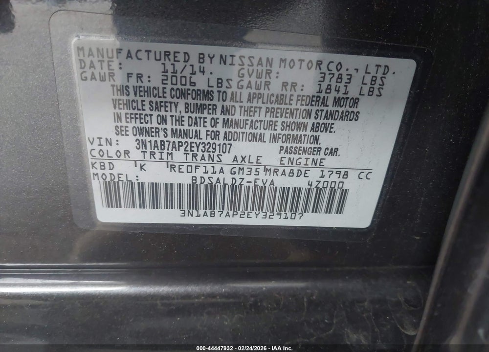 2014 NISSAN SENTRA SV VIN: 3N1AB7AP2EY329107