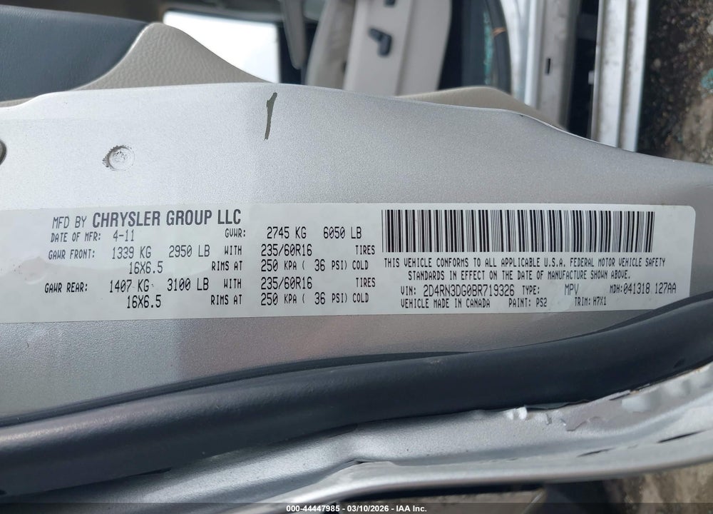 2011 DODGE GRAND CARAVAN MAINSTREET VIN: 2D4RN3DG0BR719326