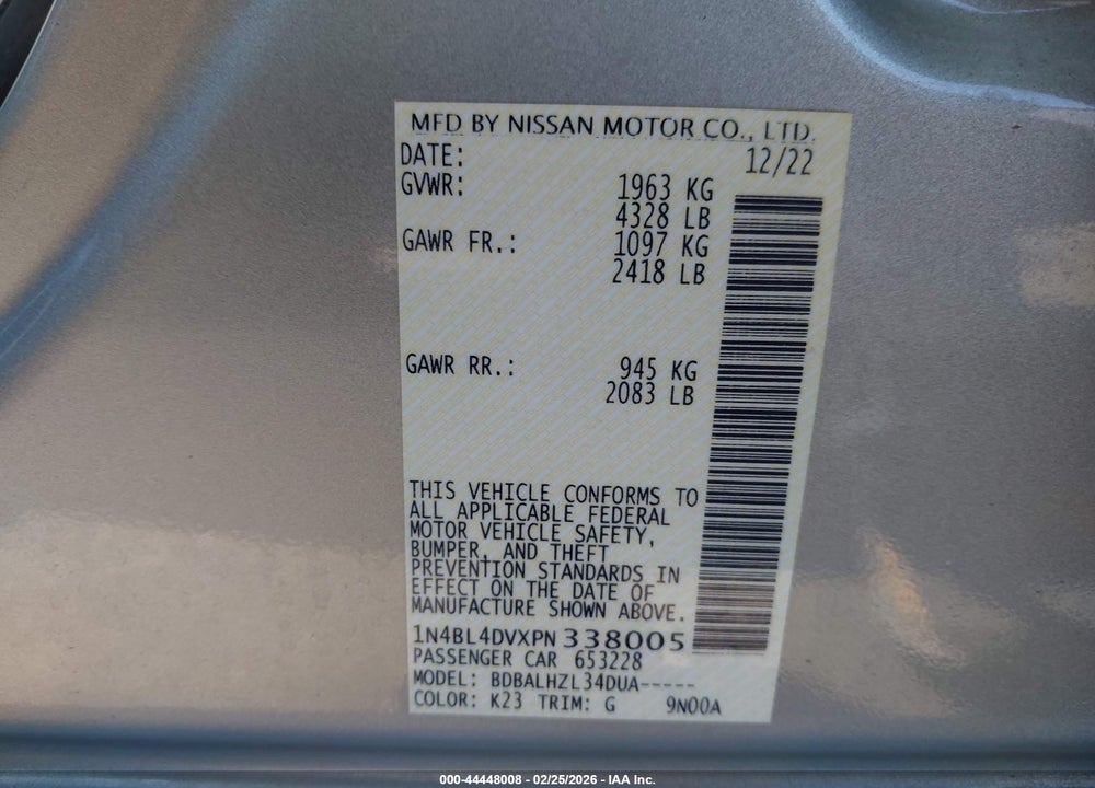 2023 NISSAN ALTIMA SV FWD VIN: 1N4BL4DVXPN338005