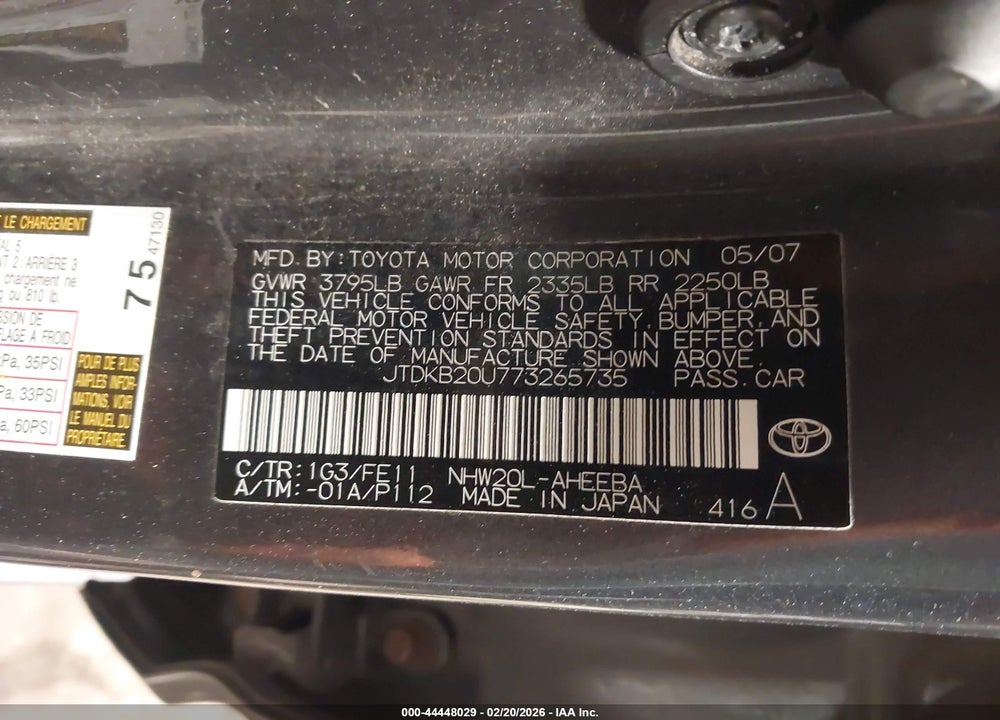 2007 TOYOTA PRIUS VIN: JTDKB20U773265735