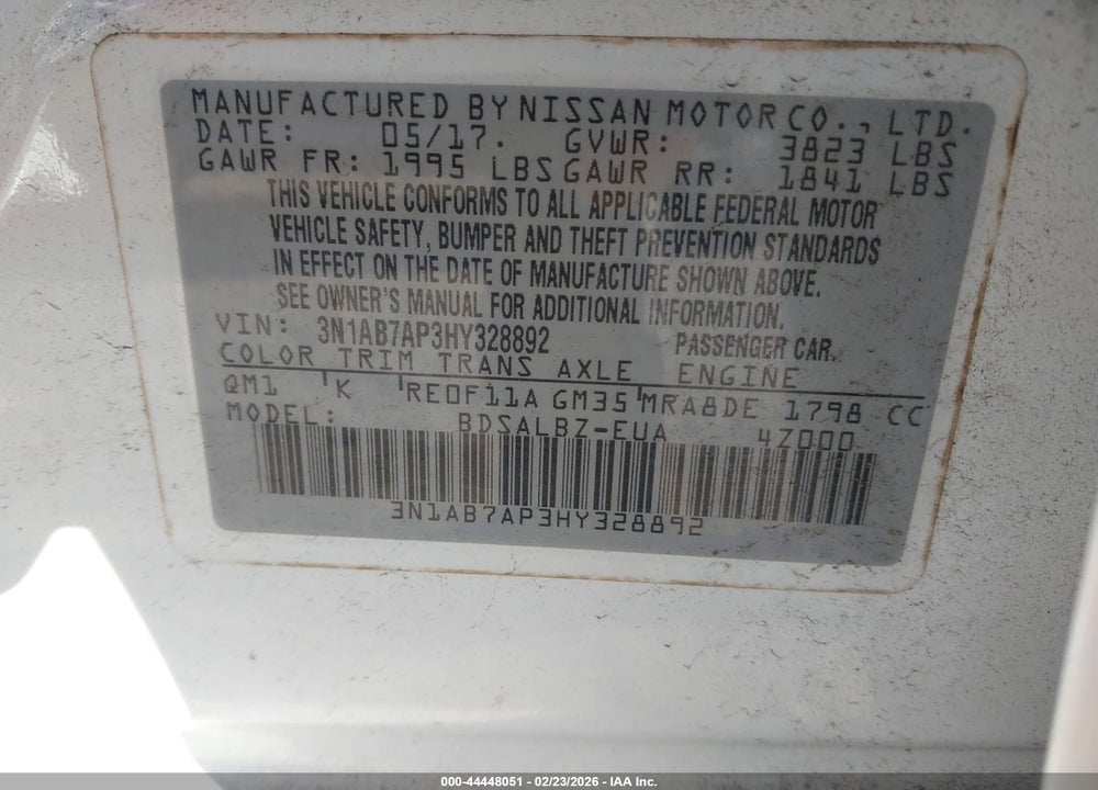 2017 NISSAN SENTRA S VIN: 3N1AB7AP3HY328892