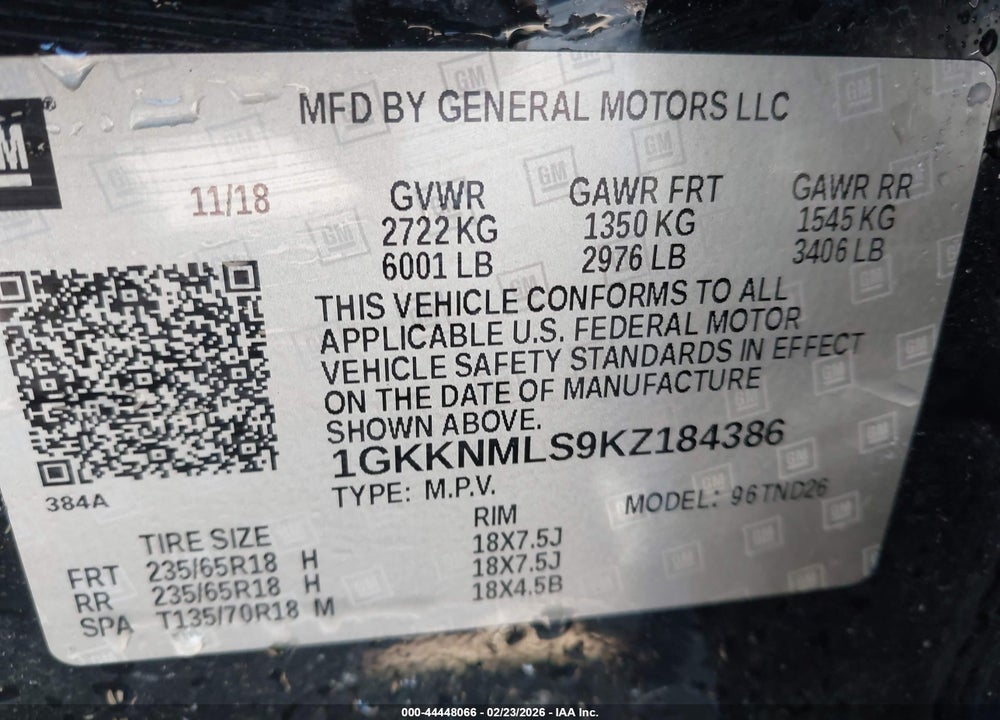 2019 GMC ACADIA SLT-1 VIN: 1GKKNMLS9KZ184386