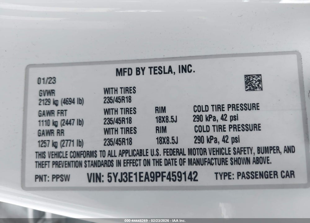 2023 TESLA MODEL 3 VIN: 5YJ3E1EA9PF459142