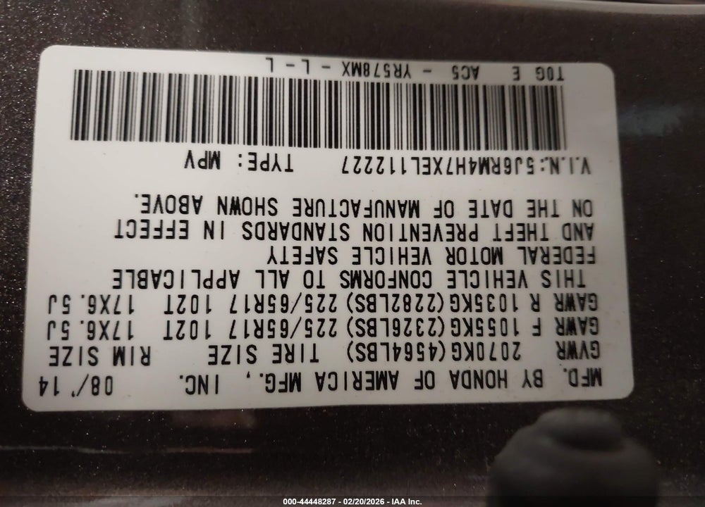 2014 HONDA CR-V EX-L VIN: 5J6RM4H7XEL112227