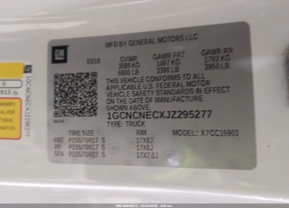 2018 CHEVROLET SILVERADO 1500 WT VIN: 1GCNCNECXJZ295277