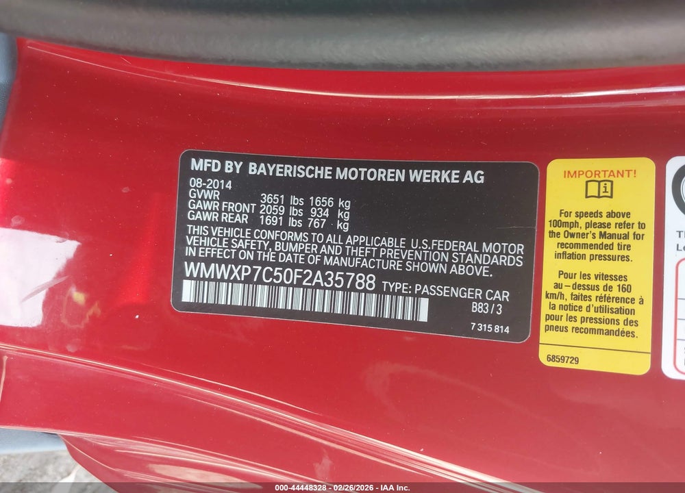 2015 MINI HARDTOP COOPER S VIN: WMWXP7C50F2A35788