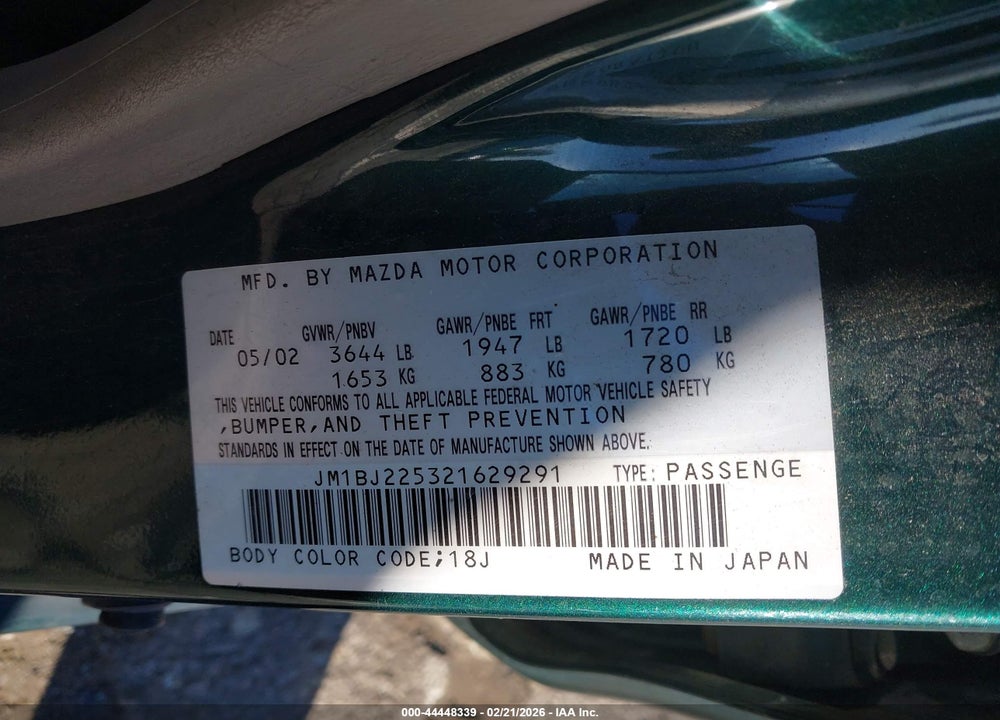 2002 MAZDA PROTEGE DX/ES/LX VIN: JM1BJ225321629291