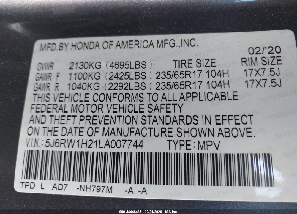2020 HONDA CR-V 2WD LX VIN: 5J6RW1H21LA007744