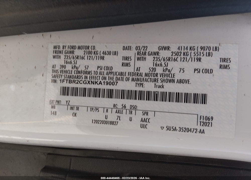 2022 FORD TRANSIT-250 VIN: 1FTBR2CGXNKA19007