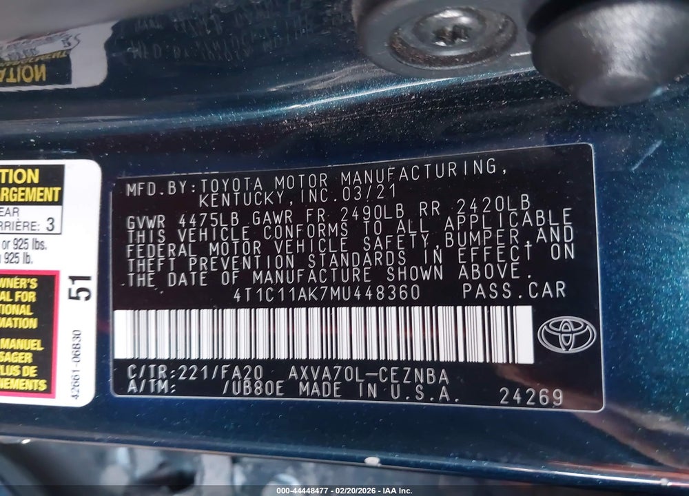 2021 TOYOTA CAMRY LE VIN: 4T1C11AK7MU448360