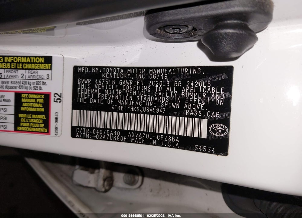 2018 TOYOTA CAMRY SE VIN: 4T1B11HK9JU645947