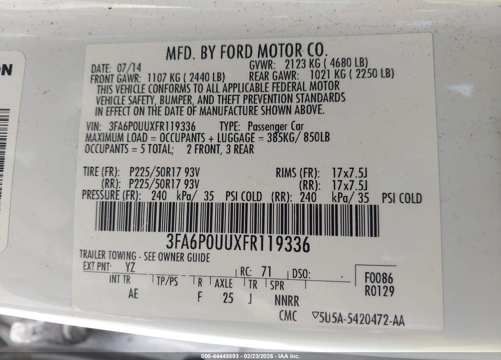 2015 FORD FUSION HYBRID S VIN: 3FA6P0UUXFR119336