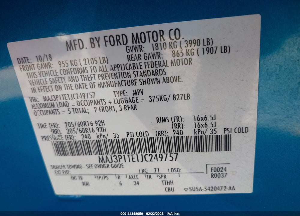 2018 FORD ECOSPORT SE VIN: MAJ3P1TE1JC249757