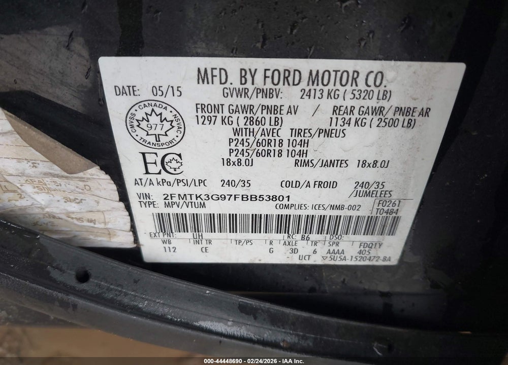 2015 FORD EDGE SE VIN: 2FMTK3G97FBB53801