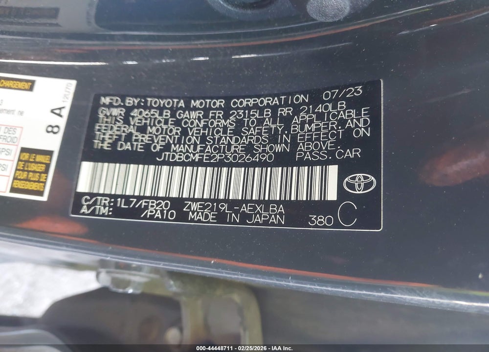2023 TOYOTA COROLLA HYBRID LE VIN: JTDBCMFE2P3026490