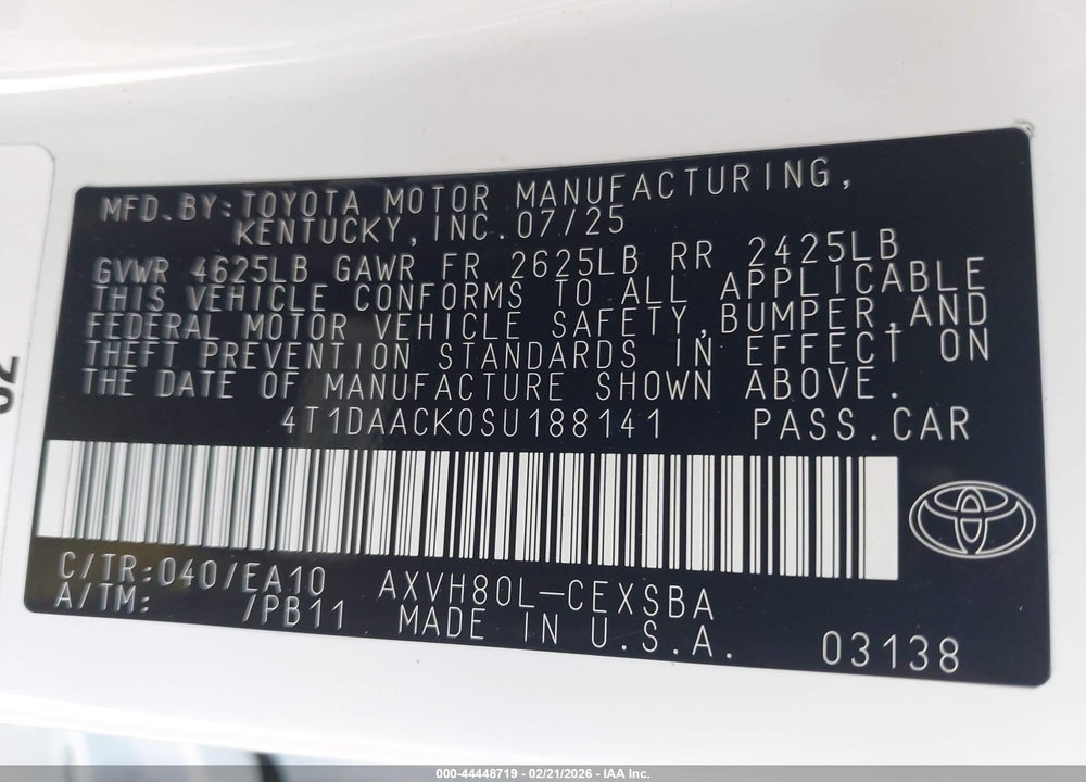 2025 TOYOTA CAMRY SE VIN: 4T1DAACK0SU188141