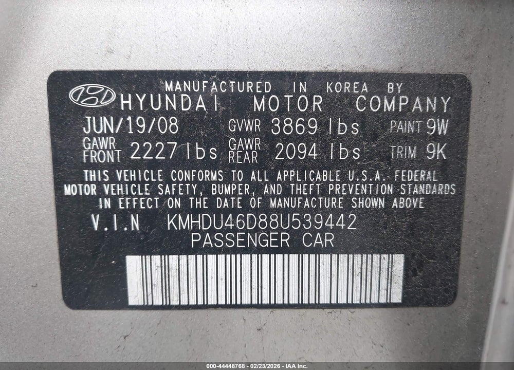 2008 HYUNDAI ELANTRA GLS/SE VIN: KMHDU46D88U539442