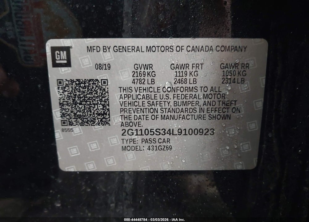 2020 CHEVROLET IMPALA FWD PREMIER VIN: 2G1105S34L9100923