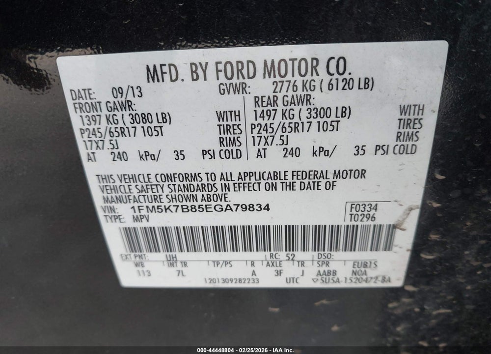 2014 FORD EXPLORER VIN: 1FM5K7B85EGA79834