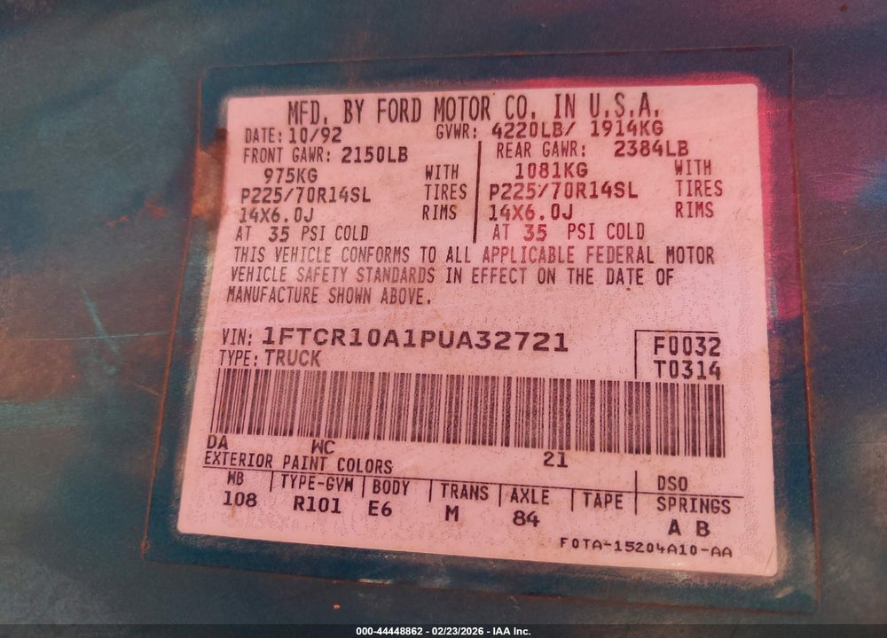 1993 FORD RANGER VIN: 1FTCR10A1PUA32721